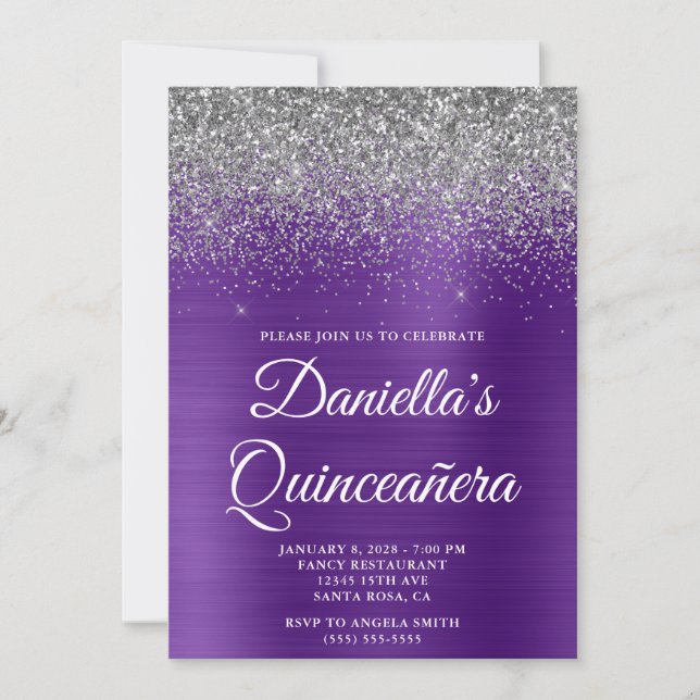 Invitation Parties scintillant d'argent Royal violet huile Qu (Devant)
