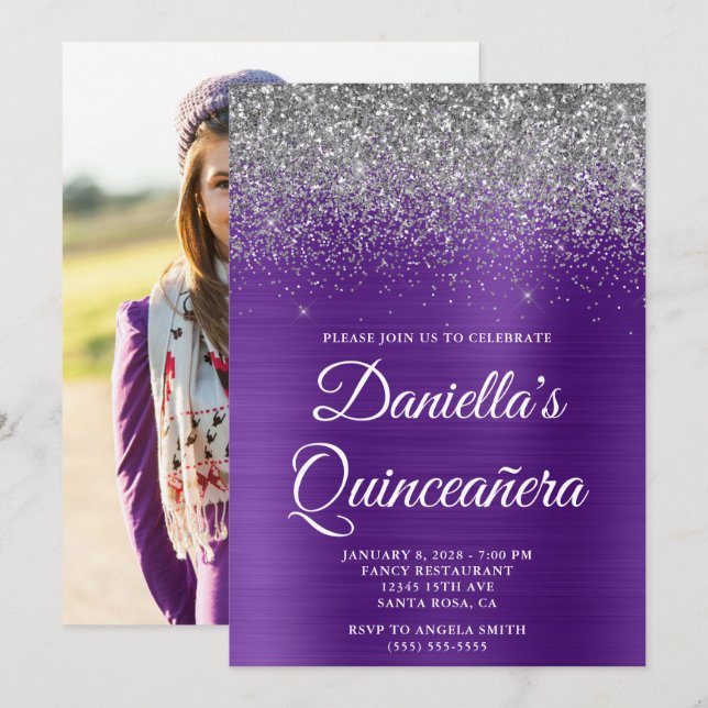 Invitation Parties scintillant d'argent Royal violet photo Qu (Devant / Derrière)
