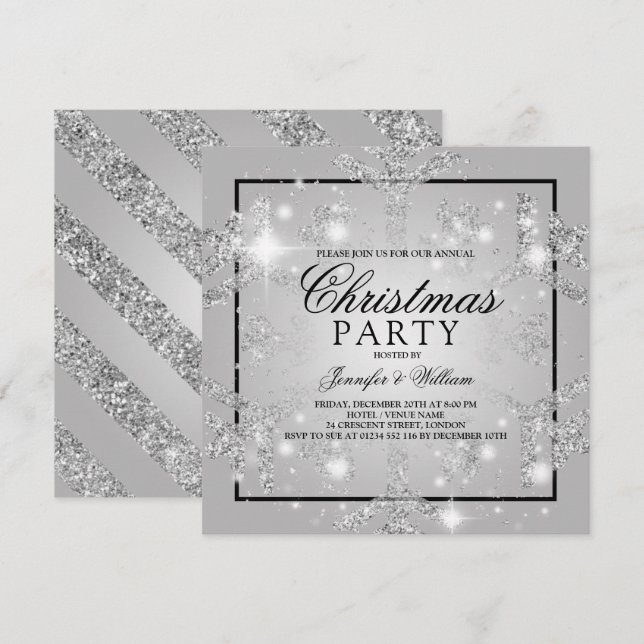 Invitation Parties scintillant d'argent Snowflake Noël Fête (Devant / Derrière)