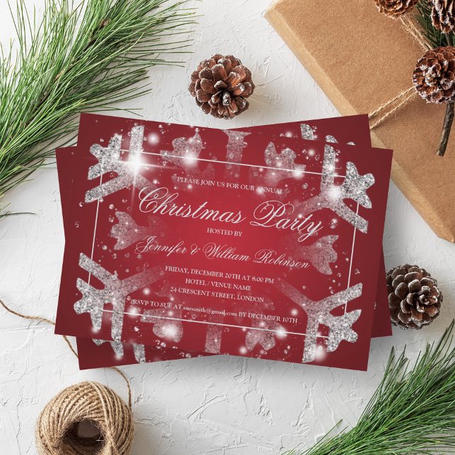 Invitation Parties scintillant d'argent Snowflake Noël Fête d (Silver Glitter Snowflake Xmas Holiday Party Red Invitation)