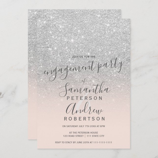 Invitation parties scintillant d'argent sombre script rose pâ (Devant / Derrière)