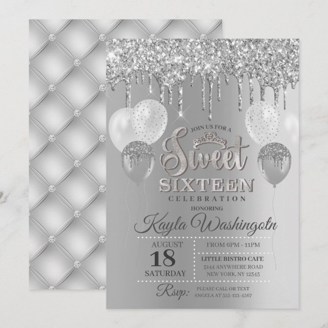 Invitation Parties scintillant d'argent Sweet sixteen d'anniv (Devant / Derrière)