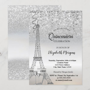 Invitation Parties scintillant d'argent Tour Eiffel, talon, V