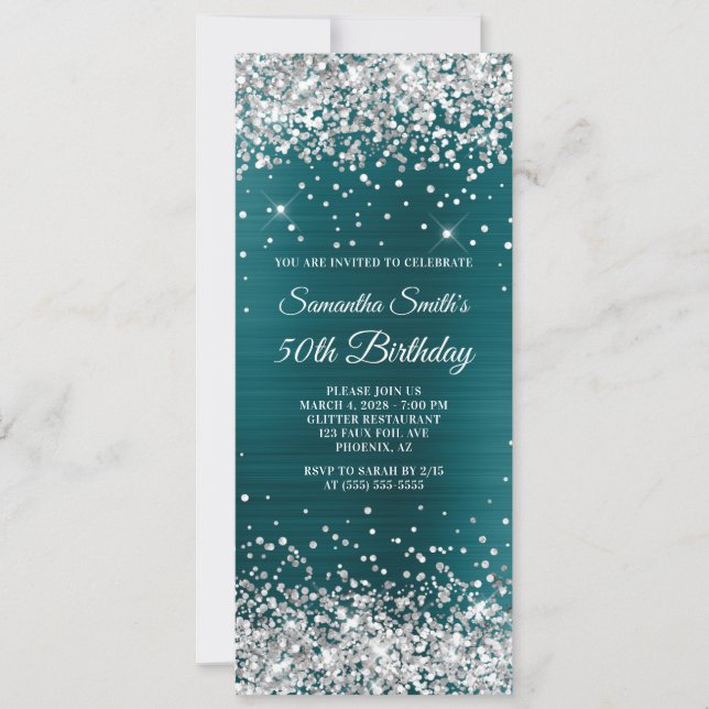 Invitation Parties scintillant d'argent Turquoise Blue Foil 5 (Devant)