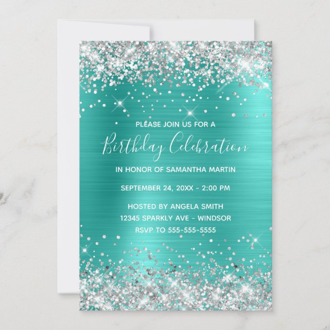 Invitation Parties scintillant d'argent Turquoise Foil fête d (Devant)