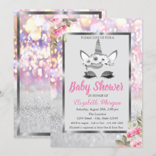 Invitation Parties scintillant d'argent Unicorn, Baby shower 