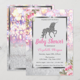 Invitation Parties scintillant d'argent Unicorn Bokeh, Baby s