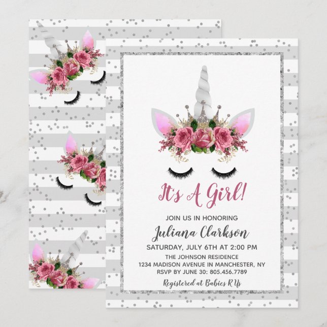 Invitation Parties scintillant d'argent Unicorn Princess Baby (Devant / Derrière)