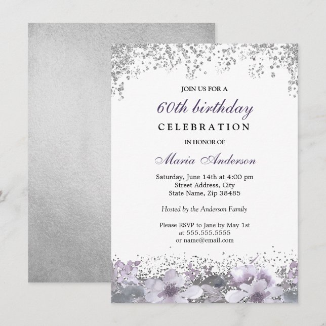 Invitation Parties scintillant d'argent violet fleuri 60e ann (Devant / Derrière)