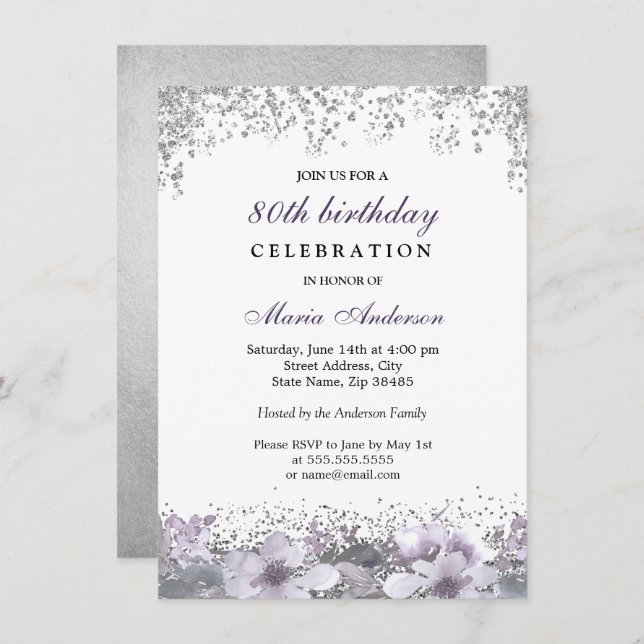Invitation Parties scintillant d'argent violet fleuri 80e ann (Devant / Derrière)