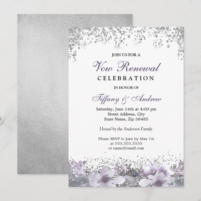 Invitation Parties scintillant d'argent violet fleuri Vow Ren (Devant / Derrière)