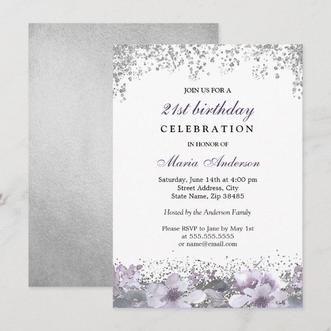 Invitation Parties scintillant d'argent violet Floral 21e ann (Devant / Derrière)