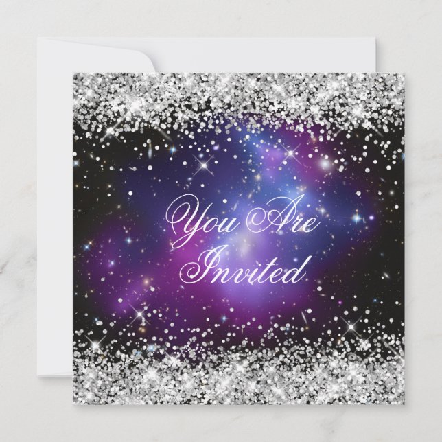 Invitation Parties scintillant d'argent violet Galaxy Mariage (Devant)