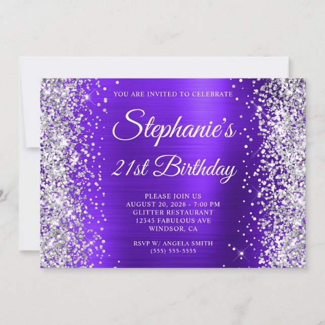 Invitation Parties scintillant d'argent Violet Monogramme 21e (Devant)