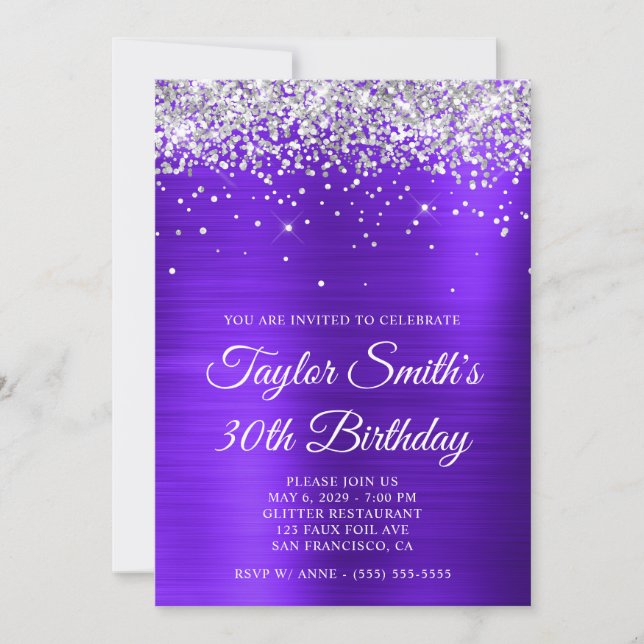 Invitation Parties scintillant d'argent violet violet 30e ann (Devant)