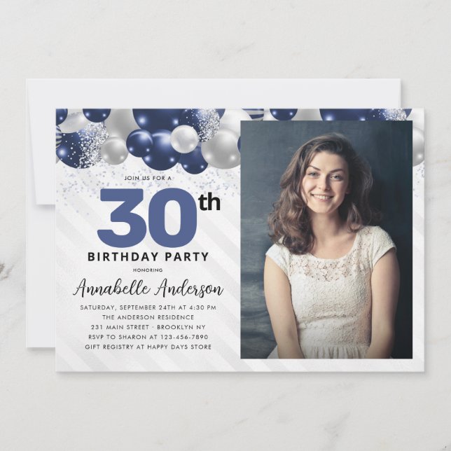Invitation Parties scintillant de ballons bleu marine en arge (Devant)