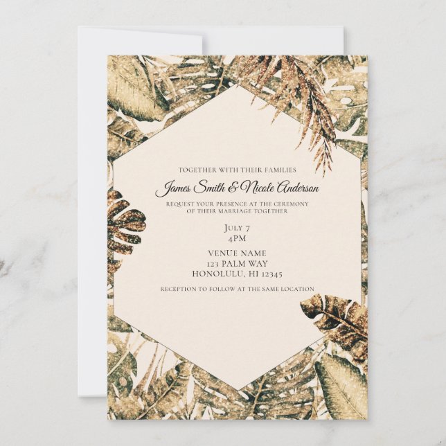 Invitation Parties scintillant de bronze or Palm Tropical Feu (Devant)