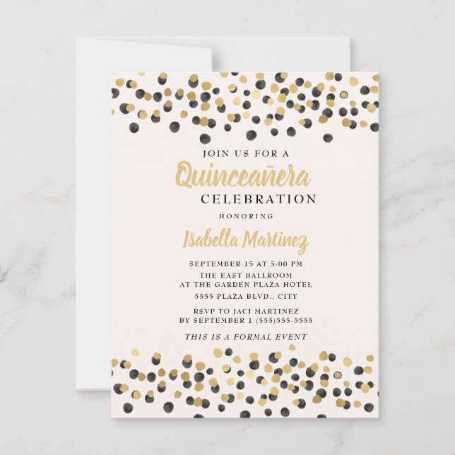 Invitation Parties scintillant de Confetti en or noir blanc Q (Devant)