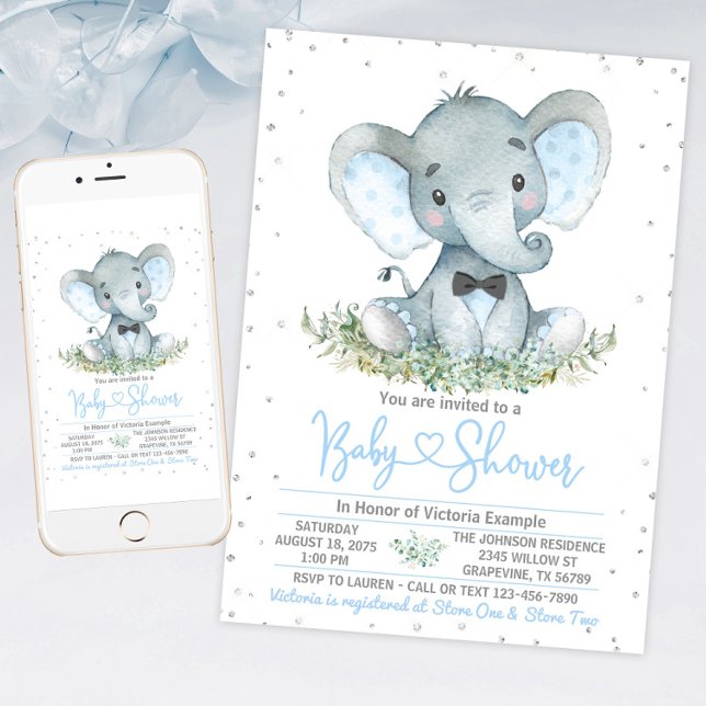 Invitation Parties scintillant de Cravate d'éléphant garçon B (Boy elephant baby shower invitation with cute baby elephant. For instant download and print.)