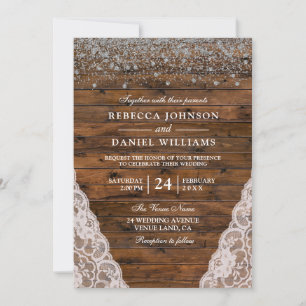 Invitation Parties scintillant de dentelle en bois rustique C