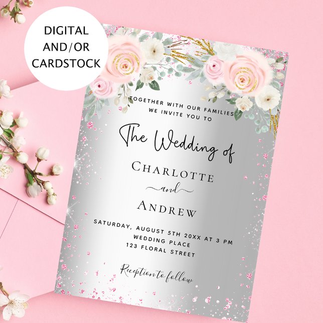 Invitation Parties scintillant de fleurs rose argent mariage  (Créateur téléchargé)