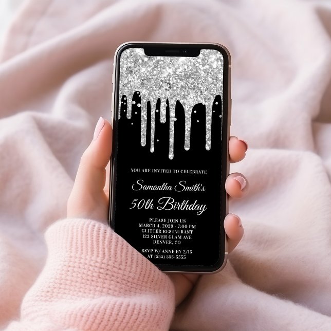 Invitation Parties scintillant de goutte d'argent Noir 50e an (Silver Dripping Glitter Black 50th Birthday Invitation)