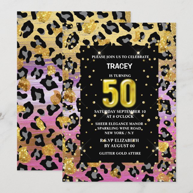 Invitation Parties scintillant de jungle empreinte de léopard (Devant / Derrière)