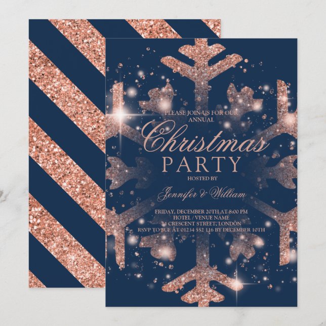 Invitation Parties scintillant de la Marine rose de l'or Noël (Devant / Derrière)