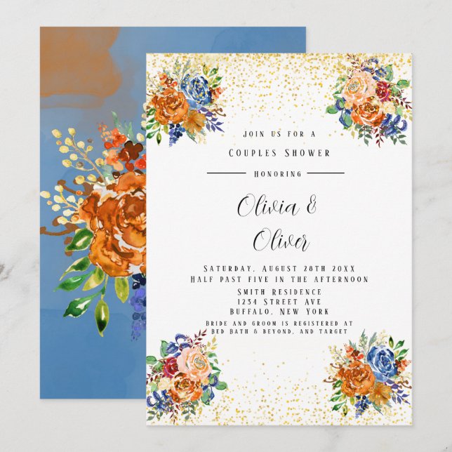 Invitation Parties scintillant de luxe Blue Orange Floral Cou (Devant / Derrière)