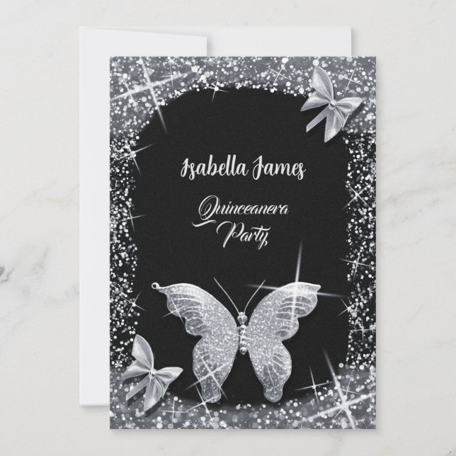 Invitation parties scintillant de luxe chic noir argent Butte (Devant)