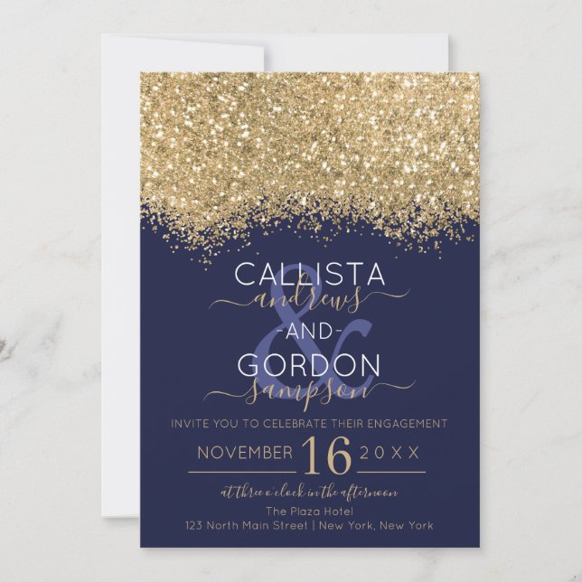Invitation Parties scintillant de luxe Gold Marine Fiançaille (Devant)