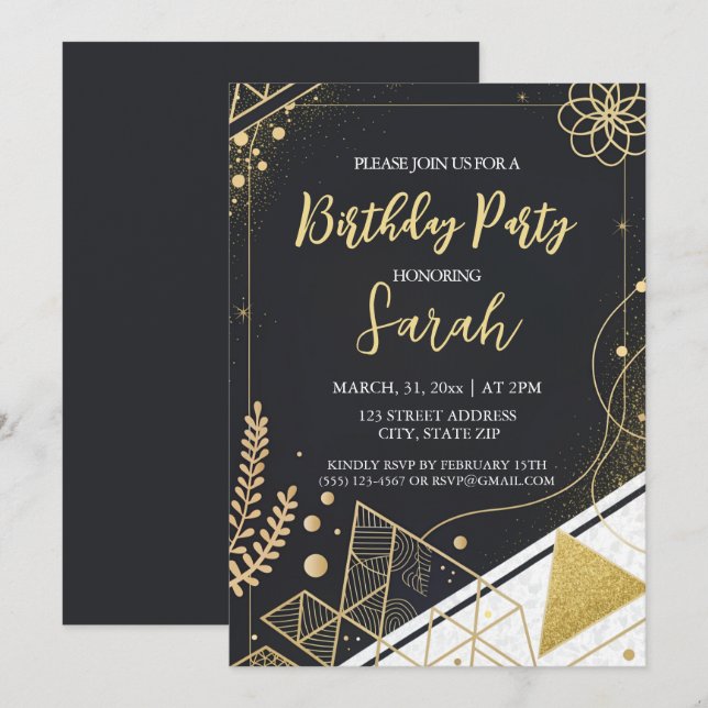 Invitation parties scintillant de luxe noir et or moderne ann (Devant / Derrière)