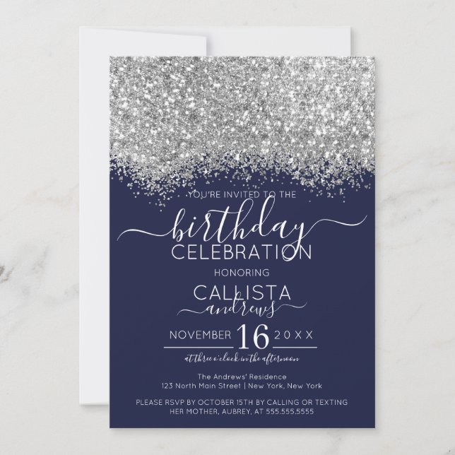 Invitation Parties scintillant de luxe Silver Navy Confetti a (Devant)