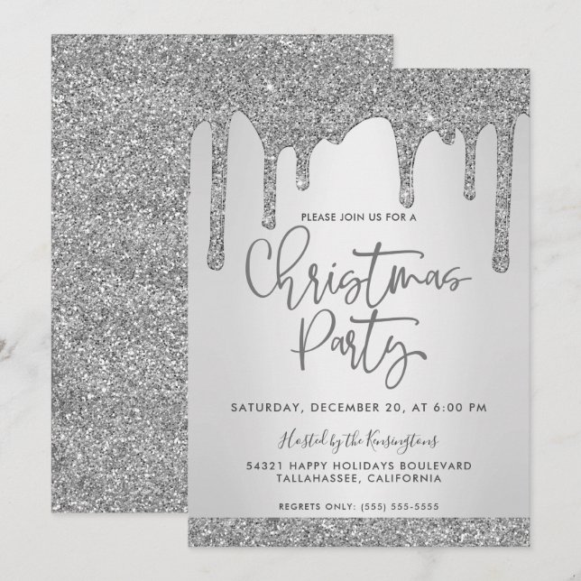 Invitation Parties scintillant de séchage en argent de Noël F (Devant / Derrière)