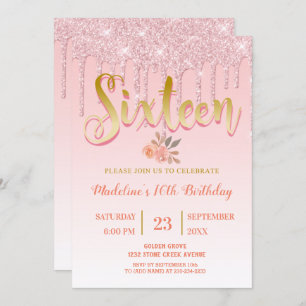 Invitation Parties scintillant de séchage rose   Sweet 16