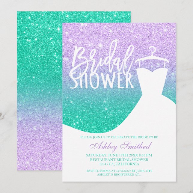Invitation parties scintillant de sirène robe turquoise viole (Devant / Derrière)