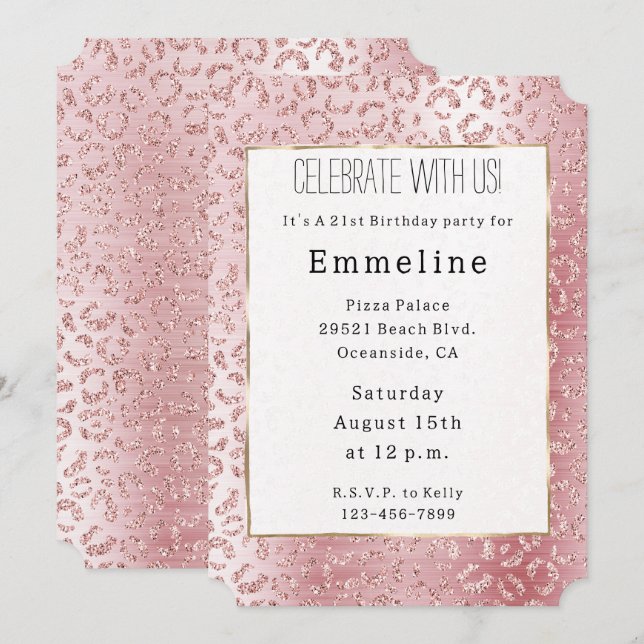 Invitation Parties scintillant de verre rose pâle Leopard (Devant / Derrière)