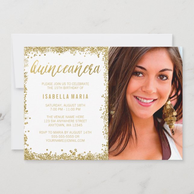 Invitation Parties scintillant des Faux d'or blanc Quinceaner (Devant)