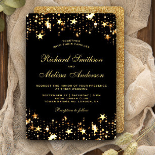Invitation Parties scintillant d'étoiles glamour Black Gold F