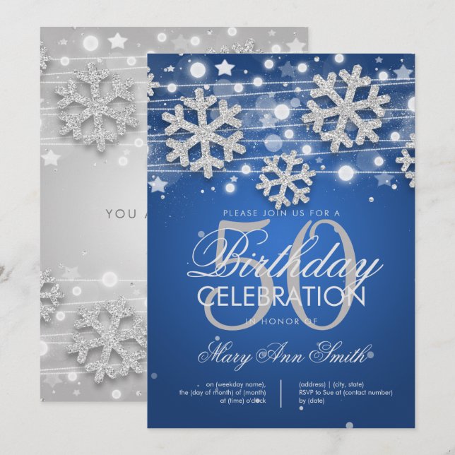 Invitation Parties scintillant d'hiver Silver Blue 50th Birth (Devant / Derrière)