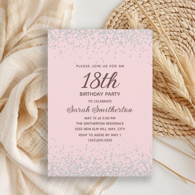 Invitation Parties scintillant diamant d'argent rose 18e anni (Elegant blush pink 18th birthday party invitation with silver glitter)