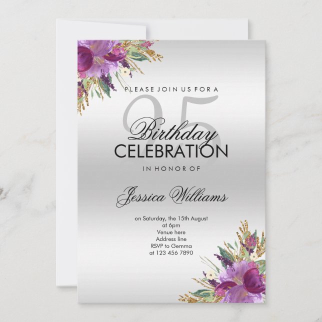 Invitation Parties scintillant Diamond Aquarelle Fleurs Argen (Devant)