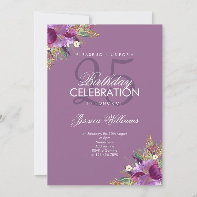Invitation Parties scintillant Diamond Aquarelle Fleurs Mauve (Devant)