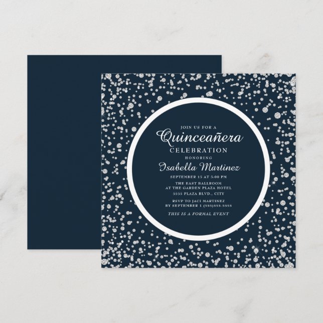 Invitation Parties scintillant Diamond en argent bleu marine  (Devant / Derrière)