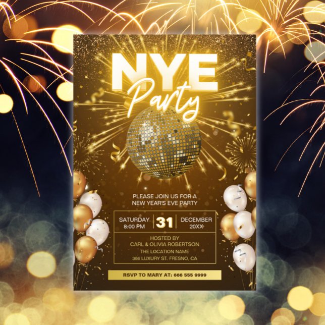 Invitation Parties scintillant Disco Ball Disco Gold du Nouve (New Year's Eve Party Celebration Invitation)