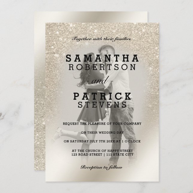 Invitation parties scintillant d'ivoire perlé ombre mariage p (Devant / Derrière)