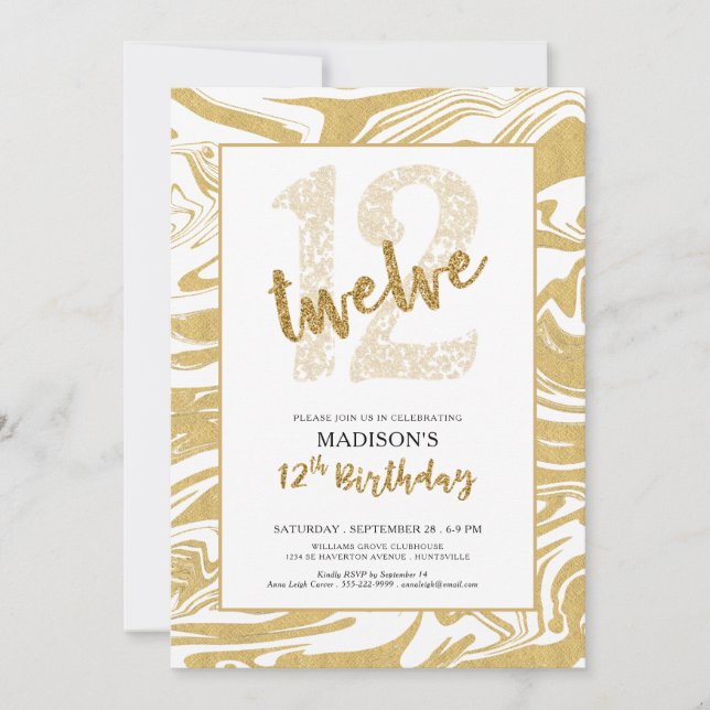 Invitation Parties scintillant d'or 12ème anniversaire Typogr (Devant)