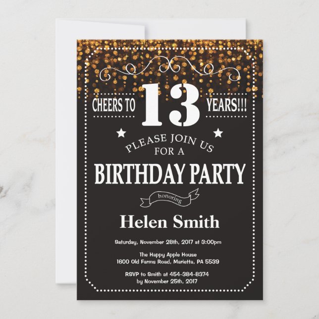 Invitation Parties scintillant d'or 13ème anniversaire Invita (Devant)