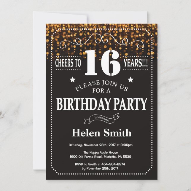 Invitation Parties scintillant d'or 16ème anniversaire Invita (Devant)