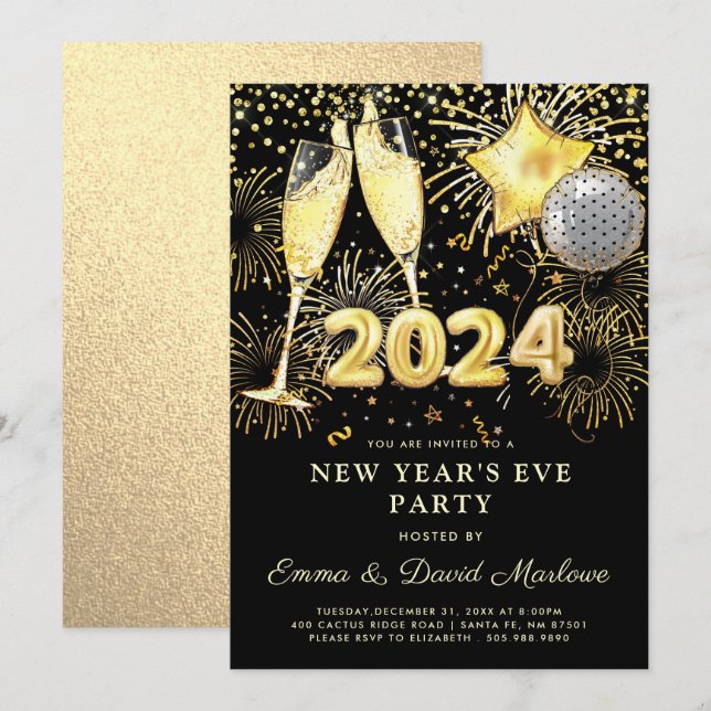 Invitation Parties scintillant d'or 2024 du Nouvel An sur Noi (Devant / Derrière)